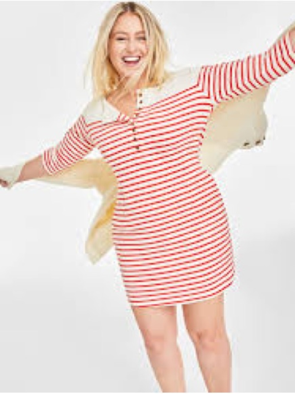 Striped Red & Cream Button Women’s Cotton Dress Pockets Lounge or Casual